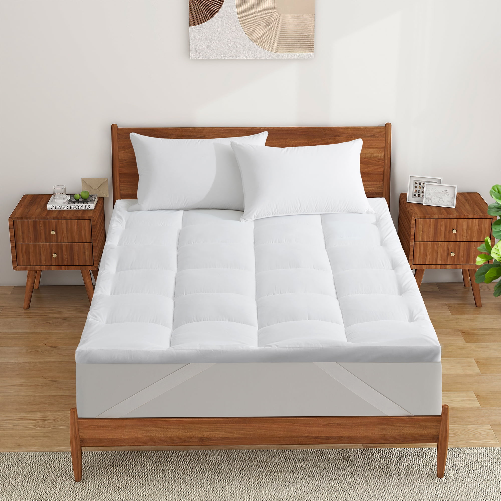 Peace Nest 3 Thickness Mattress Pad White Down Alternative Fiber Mattress Topper with Elastic Deep Stripe Pillow Top for Back Pain Relief Feather