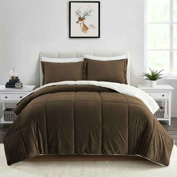 Peace Nest 3PC Reversible Sherpa Down Comforter Set with Solid Color, Dark Brown, Queen