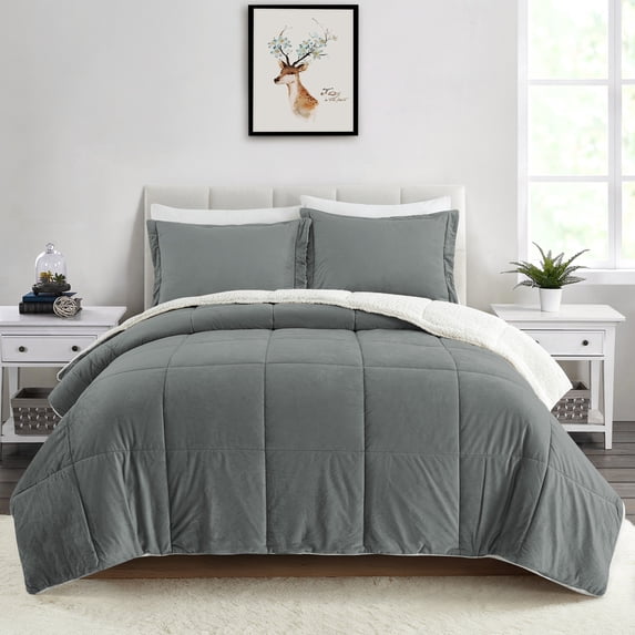 Peace Nest 3PC Reversible Sherpa Down Comforter Set with Solid Color, Dark Gray, King