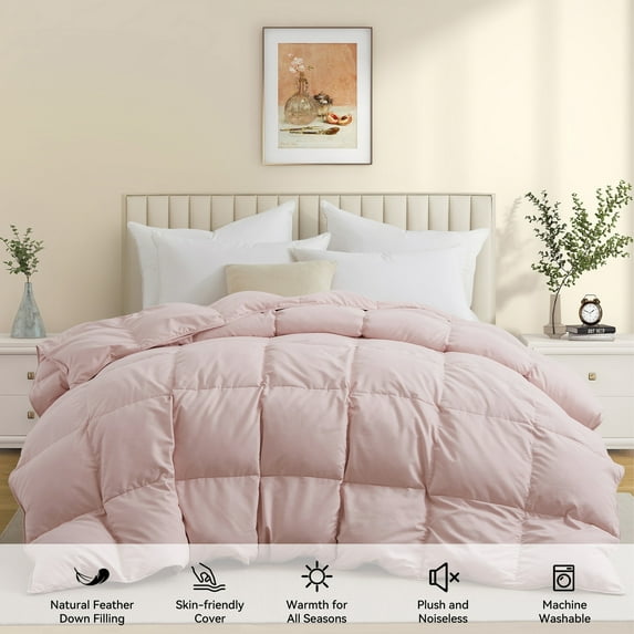 Peace Nest All Season Medium to Extra Warmth White Feather Down Comforter Duvet Insert Queen - Pink