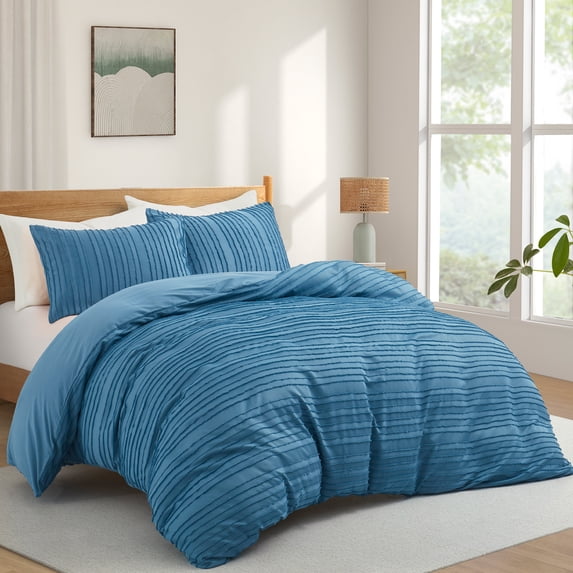 Peace Nest Clipped Jacquard Geometric Duvet Cover & Pillowcase Set, Navy/Stripe, Full/Queen Size