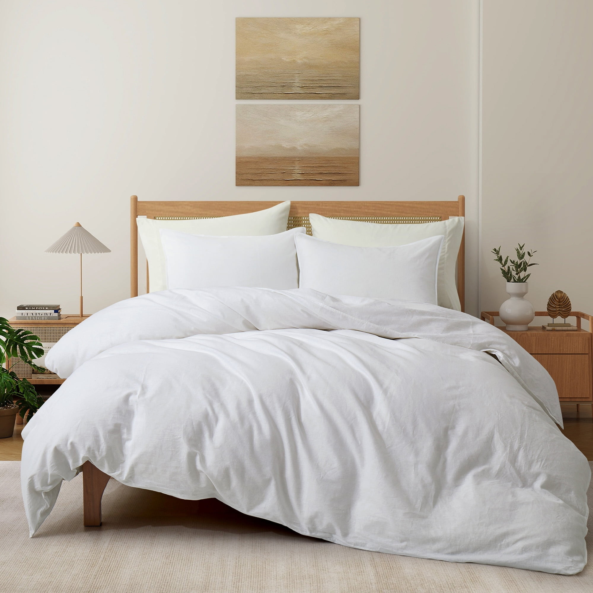 King Size White Linen and Cotton Duvet Cover Set