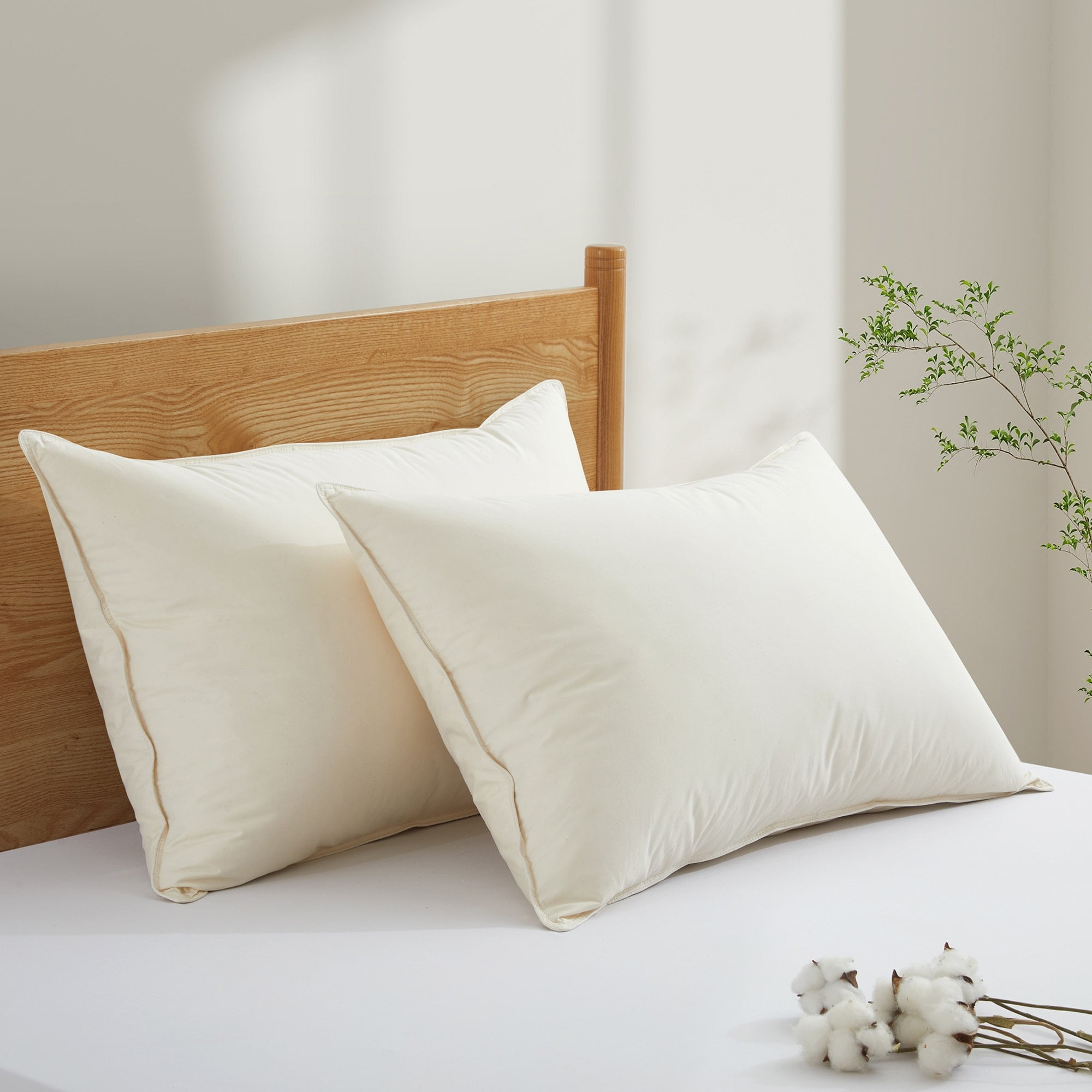 Queen White Goose Down Feather Bed Pillows with Cotton Cover