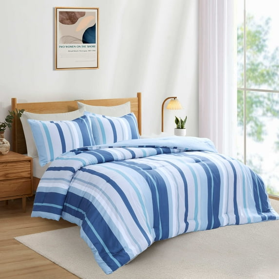 Peace Nest Year-Round Printed Striped Microfiber Comforter Set, Blue, King