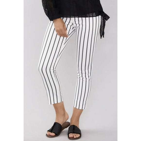 Peace Of Cloth Banded Waist Stripe Pattern Cotton Blend Pant Color: BLACK WHITE, Size: 10