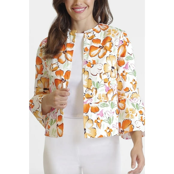 Peace Of Cloth Open Front Flounce 3-4 Sleeve and Waist Floral Print Crepe Jacket-MULTI FLORAL / XS