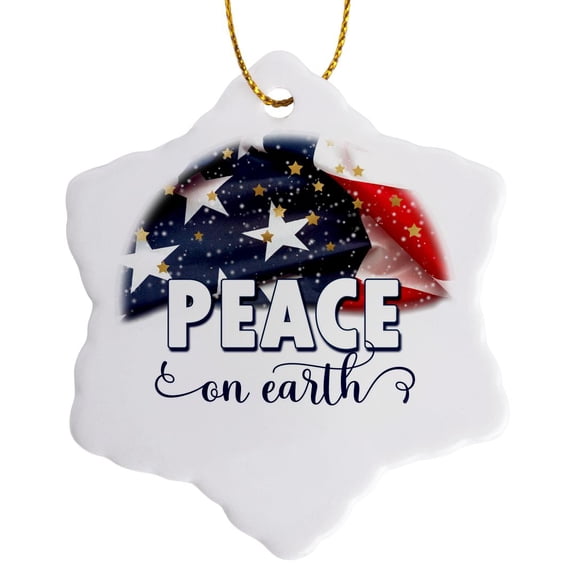 3drose, Peace on Earth American Flag Patriotic Christmas and Gold Stars, 3 inch Snowflake Porcelain Ornament