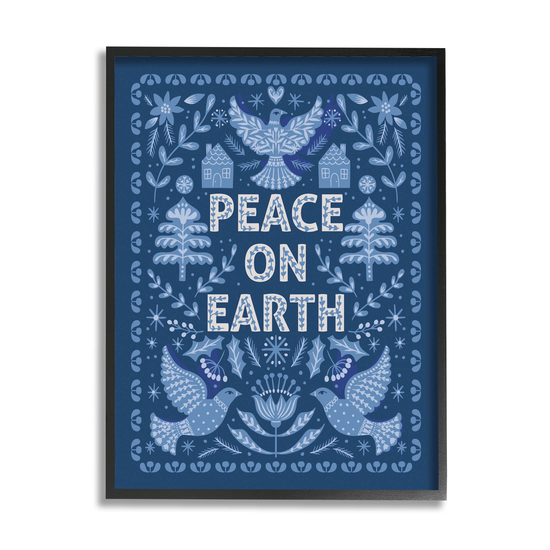Peace On Earth Blue Doves Holiday Graphic Art Black Framed Art Print Wall Art