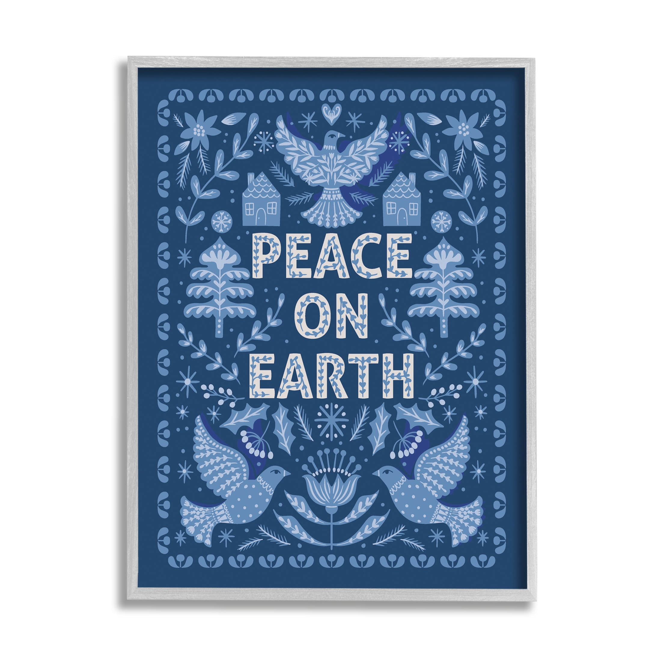 Peace On Earth Blue Doves Holiday Graphic Art Gray Framed Art Print Wall Art