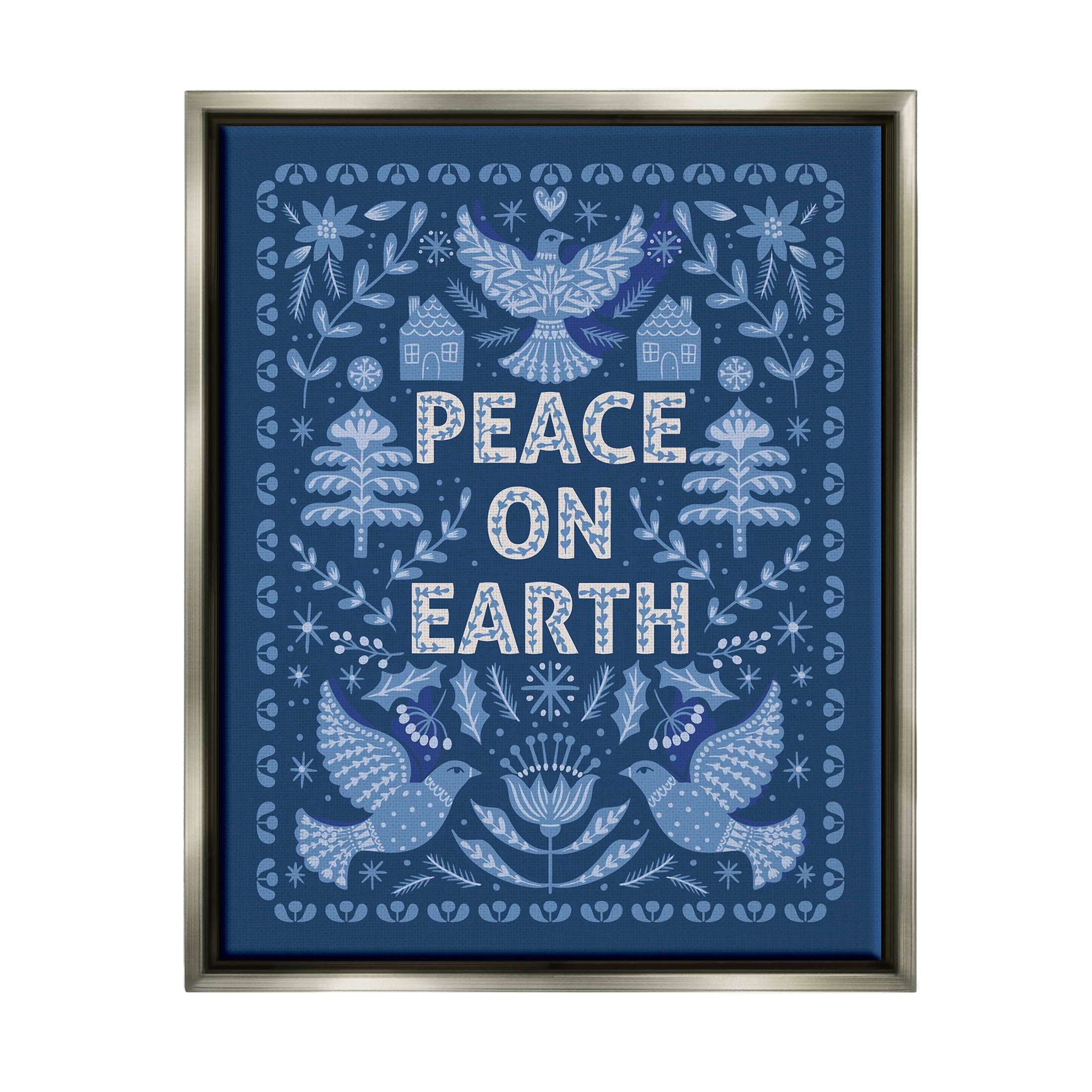 Peace On Earth Blue Doves Holiday Graphic Art Luster Gray Framed Art Print Wall Art