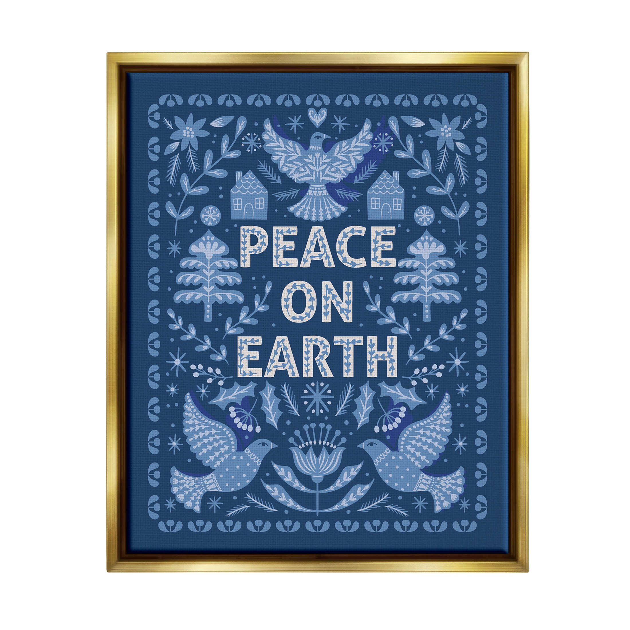 Peace On Earth Blue Doves Holiday Graphic Art Metallic Gold Framed Art Print Wall Art