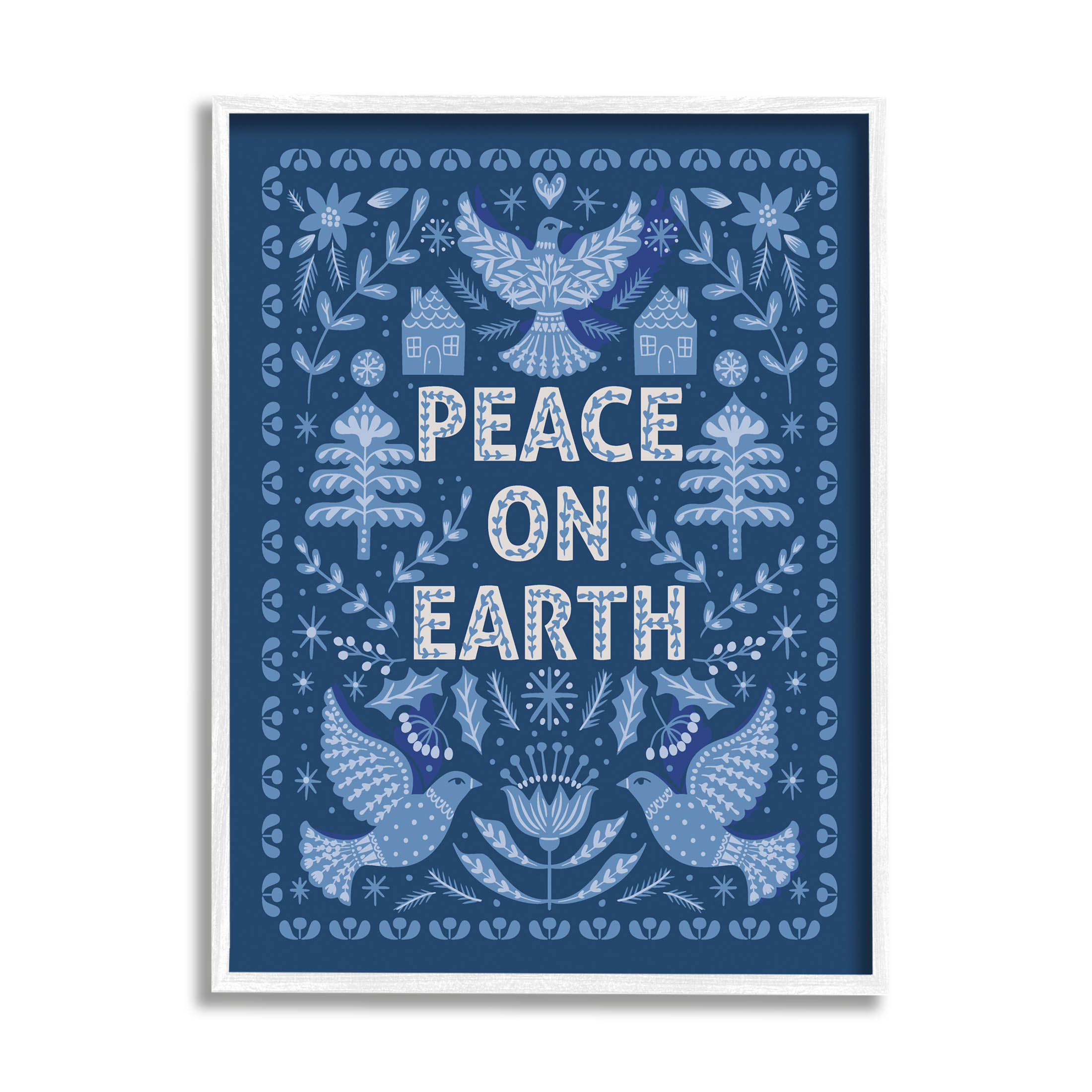 Peace On Earth Blue Doves Holiday Graphic Art White Framed Art Print Wall Art