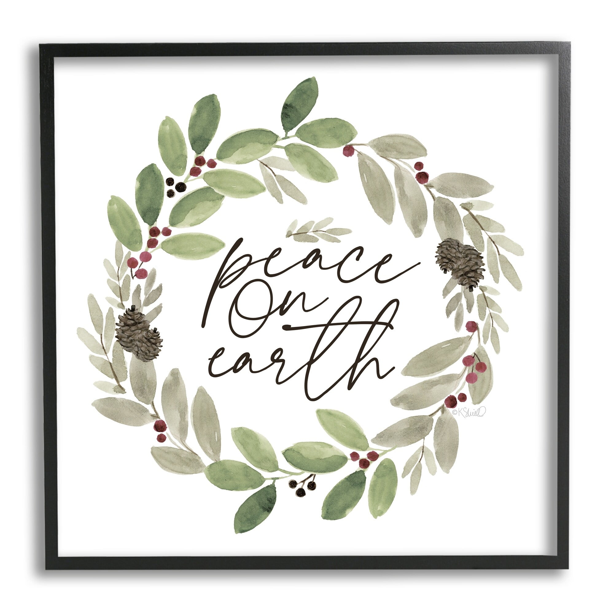 Peace On Earth Calligraphy Seasonal Watercolor Wreath Inspirational Graphic Art Framed Art Print Wall Art
