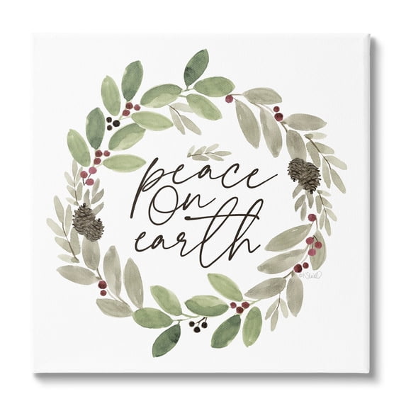 Peace On Earth Calligraphy Seasonal Watercolor Wreath Inspirational Graphic Art Gallery-Wrapped Canvas Print Wall Art