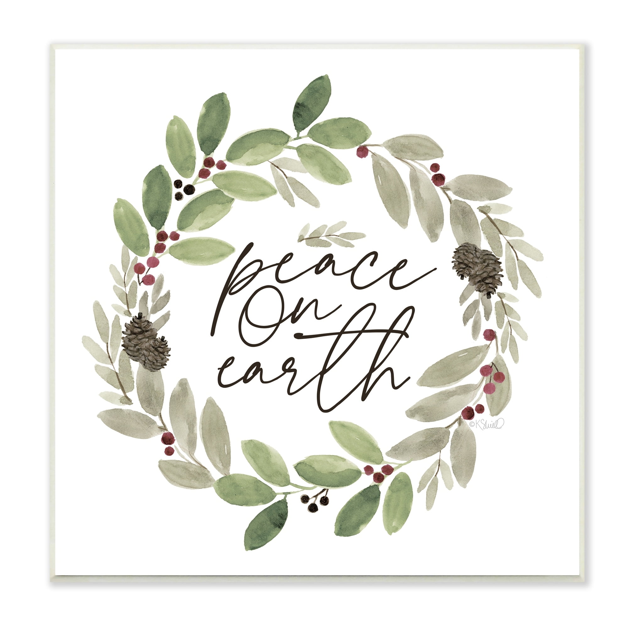 Peace On Earth Calligraphy Seasonal Watercolor Wreath Inspirational Graphic Art Unframed Art Print Wall Art