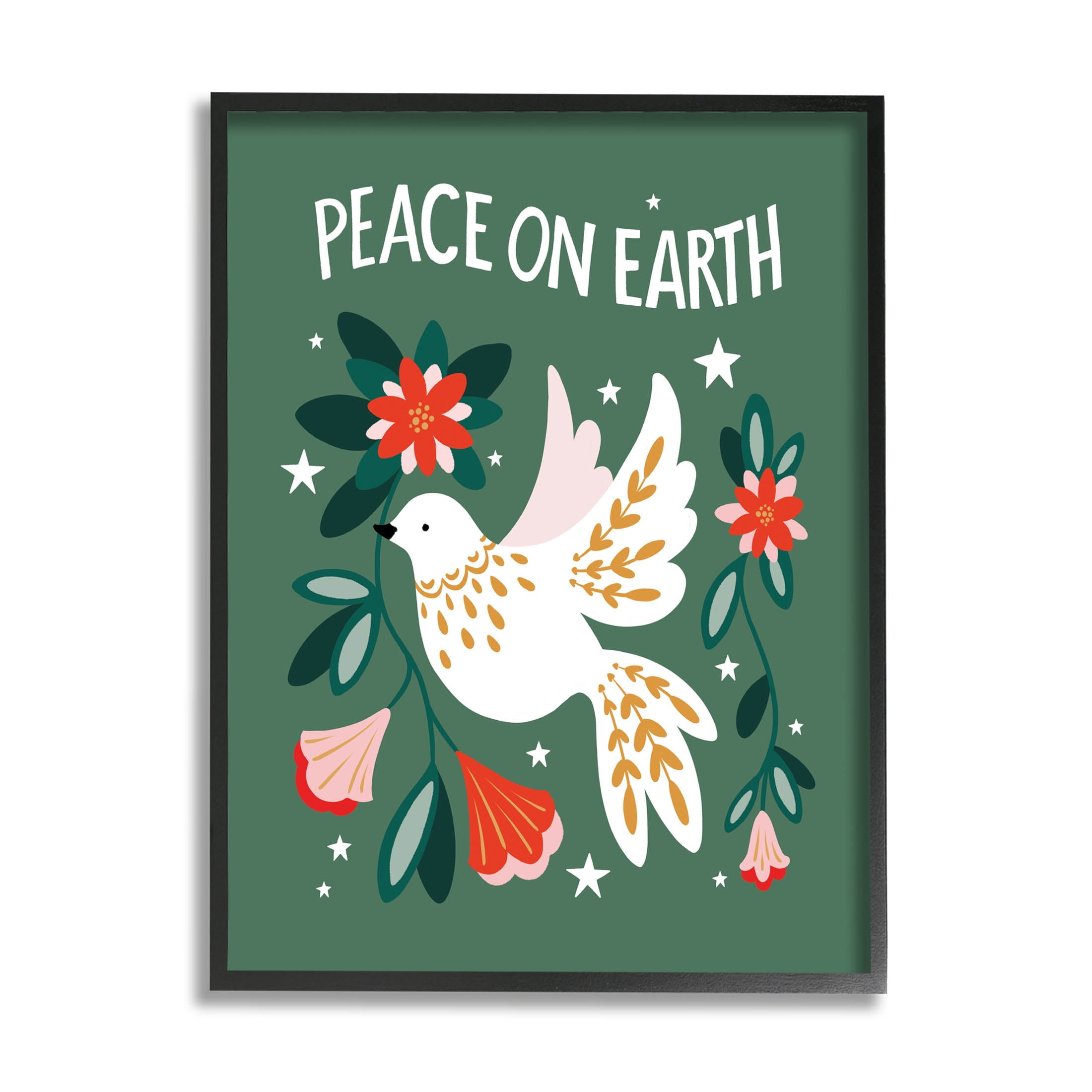 Peace On Earth Floral Dove Blossoms Holiday Graphic Art Black Framed Art Print Wall Art