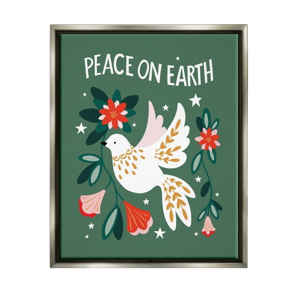 Peace On Earth Floral Dove Blossoms Holiday Graphic Art Luster Gray Framed Art Print Wall Art