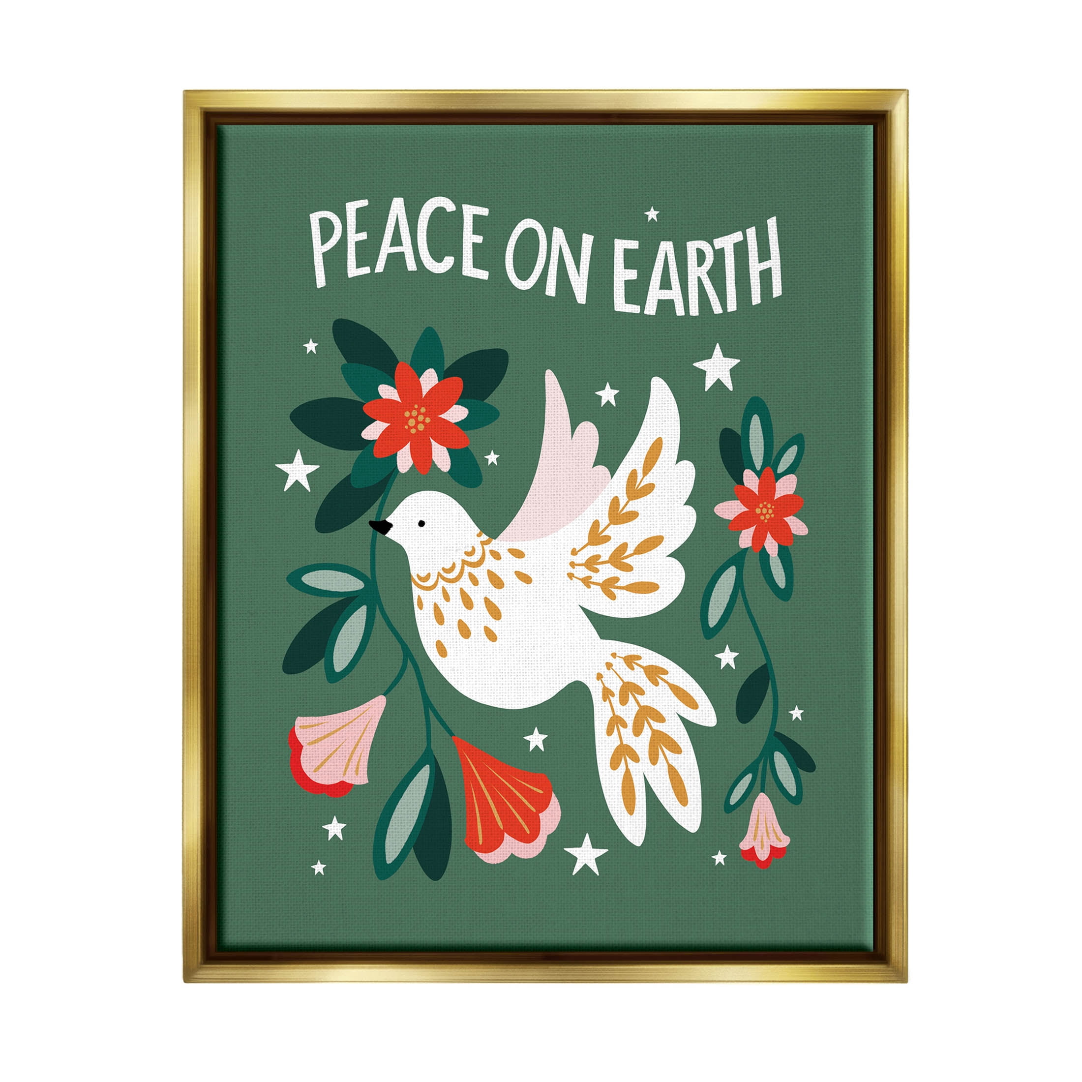 Peace On Earth Floral Dove Blossoms Holiday Graphic Art Metallic Gold Framed Art Print Wall Art