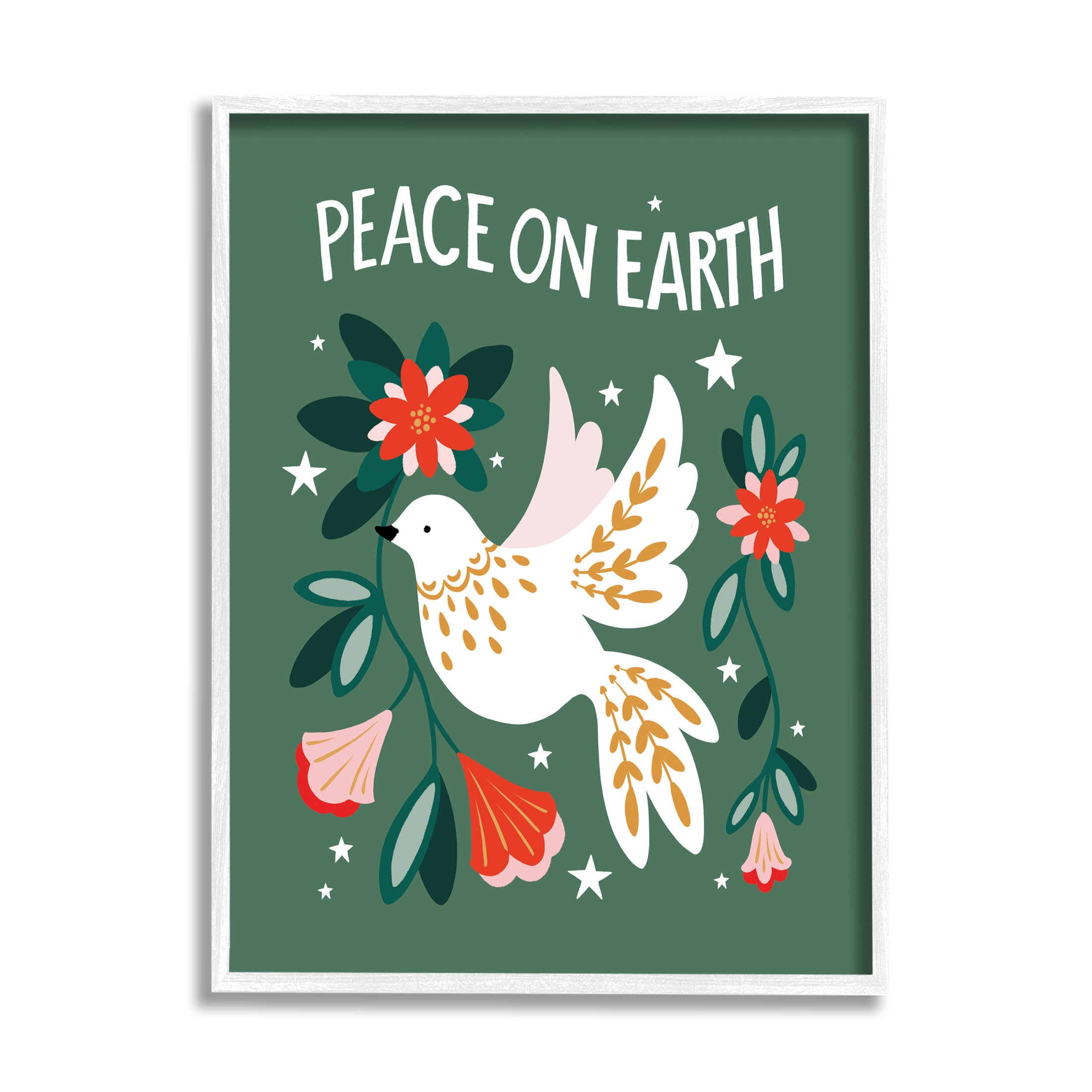 Peace On Earth Floral Dove Blossoms Holiday Graphic Art White Framed Art Print Wall Art