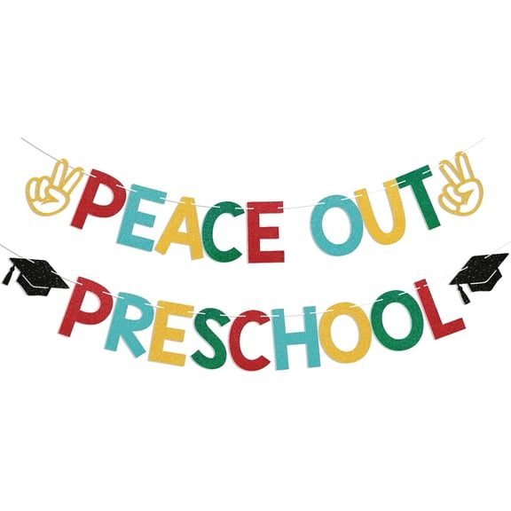 Peace Out Preschool Banner - Happy First Day of Preschool Banner, End of School Party Decor, BYLQ Boys Girls Elementary Graduation Party Supplies