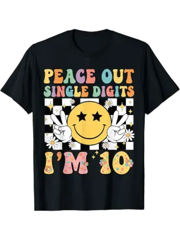 Peace Out Single Digits Im 10 Smile Face Birthday Boy Girl T-Shirt
