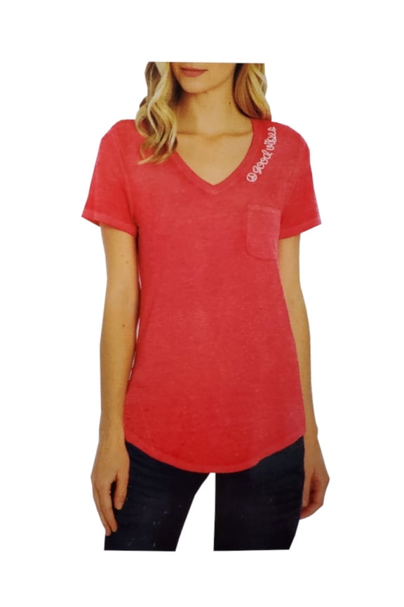 Peace + Pearls Womens Small V-Neck "Good Vibes" Tee w/Chest Pocket, Lipstick Burnout