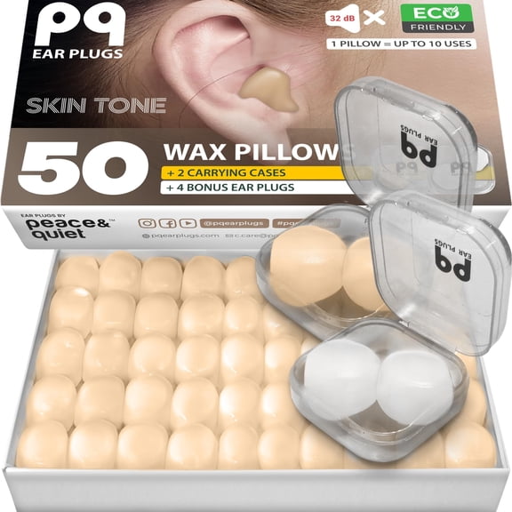 Peace&Quiet Wax Ear Plugs for Sleeping, Swimming - 50 Silicone Gel Earplugs for Noise Cancelling, Sound Blocking 32 Db, Skin Tone (50 Pillows)