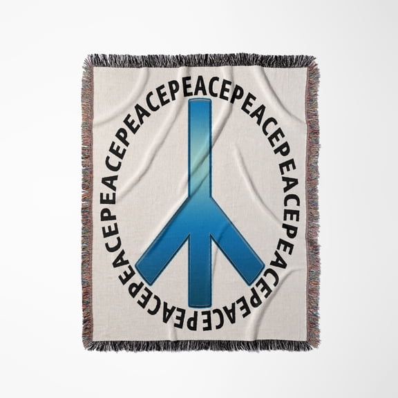 Peace Sign 1 Shows A Blue Peace Sign With Peace Text Repeating As An Outer Circle, Woven Blanket