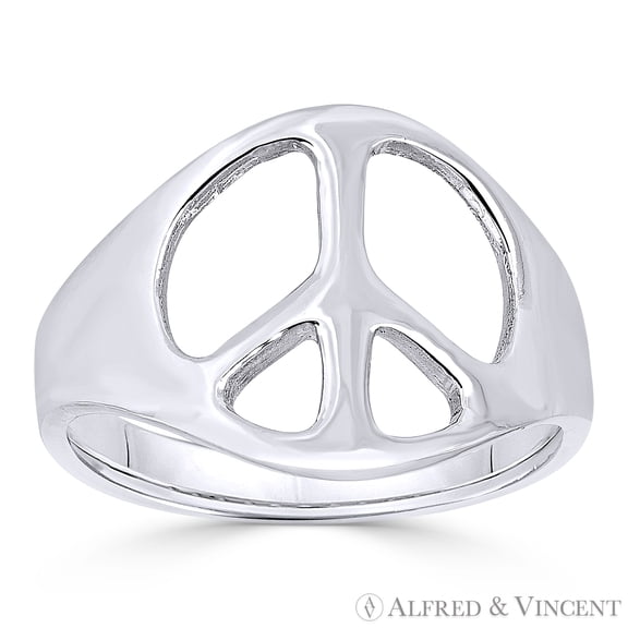 Peace Sign 13mm Charm Hippie Symbol Right-Hand Ring in 925 Sterling Silver
