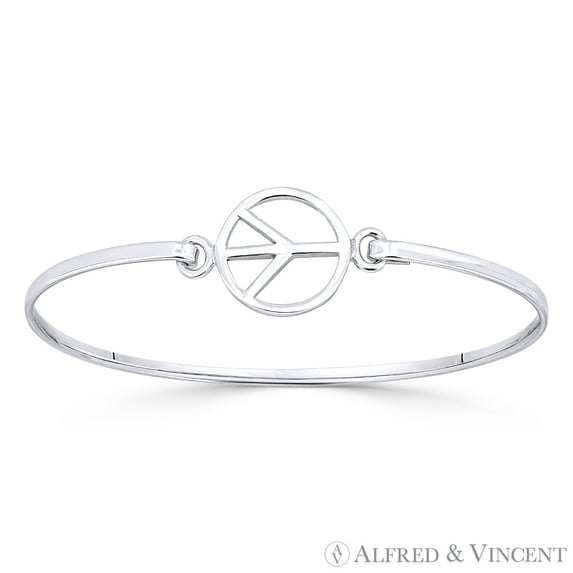 Peace Sign 15mm Circle Charm Bangle Bracelet in Solid .925 Sterling Silver