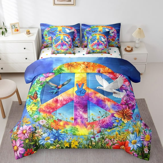 Peace Sign 7Pcs Comforter Set King Size,Colorful Daisy Flower Leaves Bedding Set Adult Room Decor,White Pigeon Fitted Flat Sheet Groovy Vivid 2 Throw Pillow Covers,2 Pillowcases