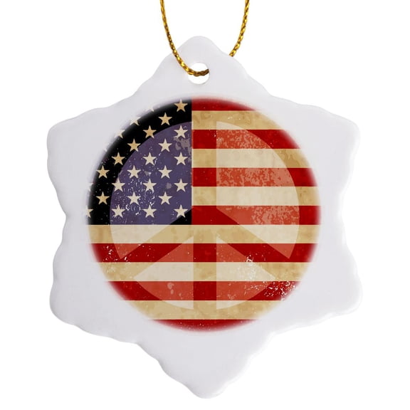 Peace Sign American Flag, 3 inch Snowflake Porcelain Ornament