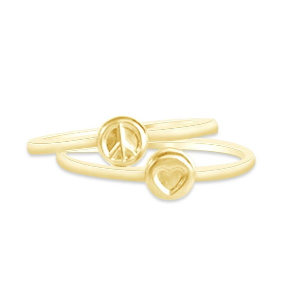 Peace Sign And Love Heart Set Of 2 Tiny Promise Ring In 14K Yellow Gold Plated 925 Sterling Silver For Women's Special Occasions Ring Size-10