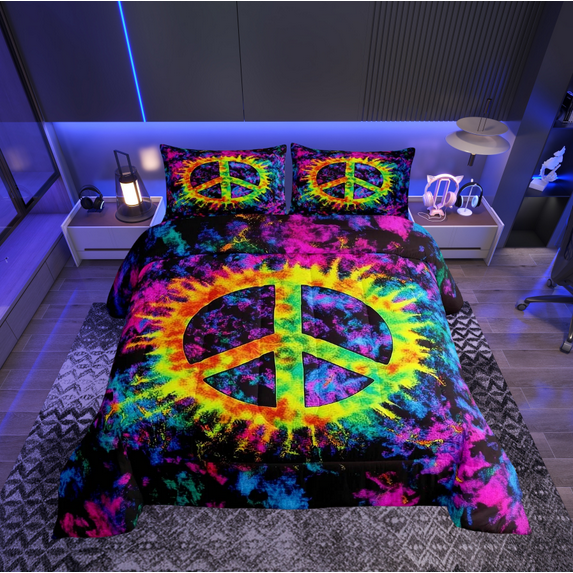 Peace Sign Bedding Set Full Size,Colorful Tie-dye Art Comforter Set 3Pcs Teens Woman Men Room Decor,Vintage Hippie Style Quilt Set Black Reversible Duvet Insert,2 Pillowcases