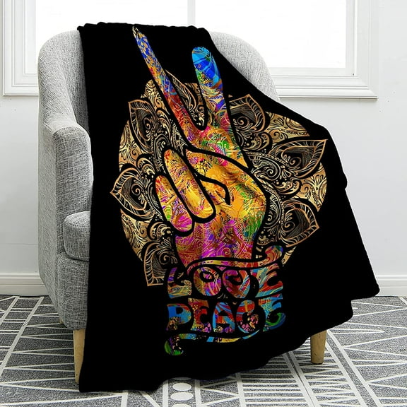 Peace Sign Blanket Hippie Gifts for Dad Women Kids Girls Birthday Father''s Day Home Bedroom Living Room Decor Soft Cozy Lightweight Plush Throw Blankets Black 50"x60"