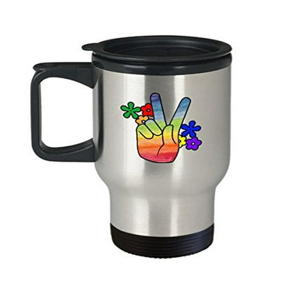 Peace Sign Coffee Travel Mug - Rainbow Lesbian Gifts - 14 oz Stainless Steel Cup