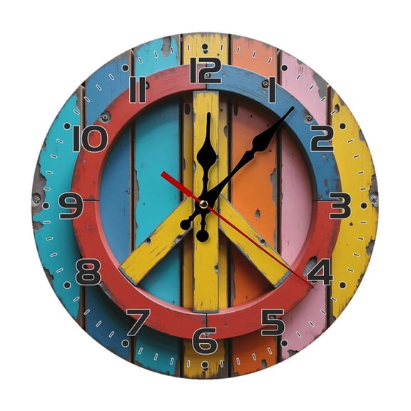 Peace Sign Colorful Wooden Planks Wall Clock 10 Inch Silent Non Ticking Round Wooden Clock Decoration for Living Room Kitchen Bedroom Bathroom Office Classroom