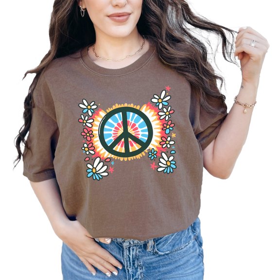 Peace Sign with Daisies T-Shirt, Retro Hippie Graphic Tee, Vintage Style Flower Power Shirt, Unisex Casual Top, 60s 70s Inspired Design, Espresso Comfort Colors T-Shirt, Large