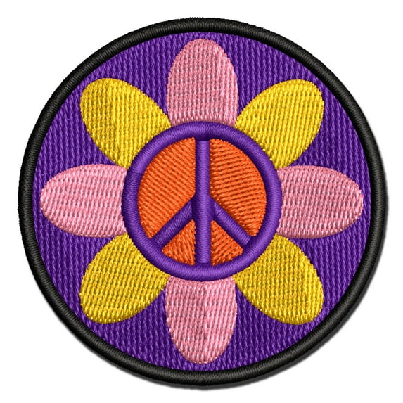 Peace Sign Flower Hippie Boho Love Happiness Applique Multi-Color Embroidered Hook & Loop Patch - 2.0 Inch Mini