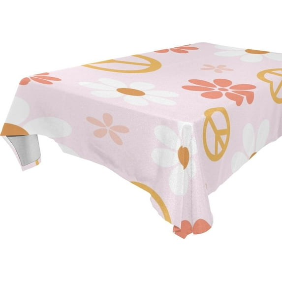 Peace Sign Flower Pink Rectangle Tablecloth, Dust Proof Anti Wrinkle Wipeable Table Cloth Tabletop foration of Dinner Kitchen Wedding Holiday Party 60"x120" Decor Gift