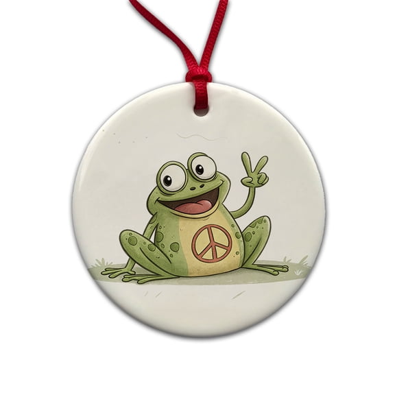 Peace Sign Frog Cartoon Christmas Tree Holiday Round Ceramic Ornament