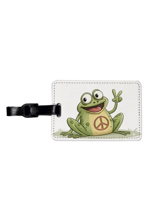 Peace Sign Frog Cartoon Faux Leather Travel Luggage Tag