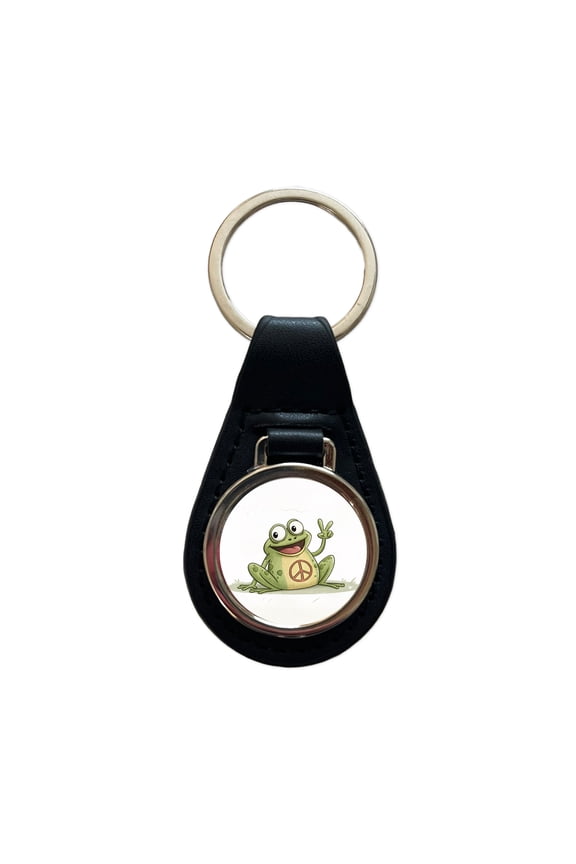 Peace Sign Frog Cartoon Metal Black Leather Keychain