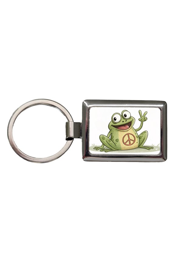 Peace Sign Frog Cartoon Metal Rectangle Keychain