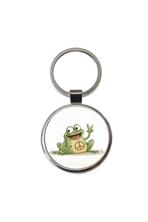 Peace Sign Frog Cartoon Metal Round Keychain