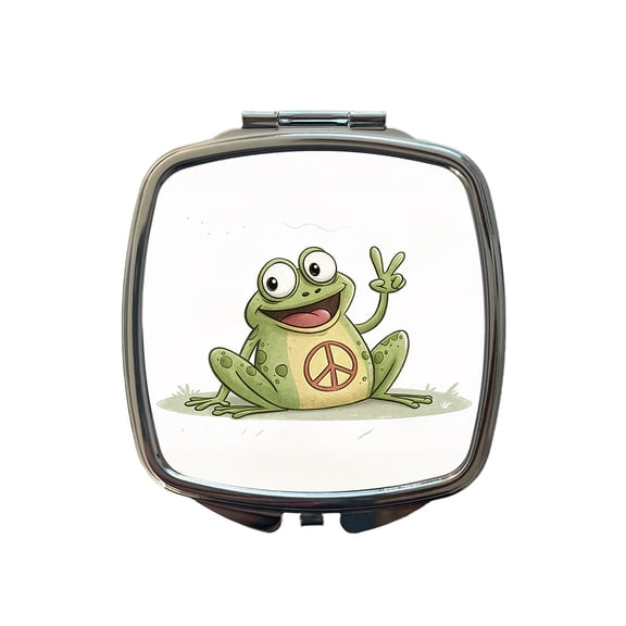 Peace Sign Frog Cartoon Travel Makeup Handbag Purse Small Pocket Compact Mirror