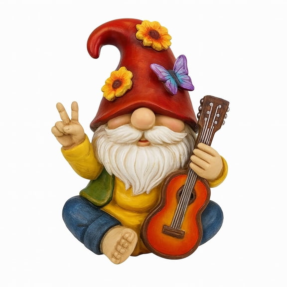 Peace Sign Garden Gnome Figurine Outdoor Statue, Funny Guitar Playing Dwarf Rock Music Decor - 6‘’ Resin Lawn Ornament, Unique Housewarming Gift for Music Lovers & Gardeners