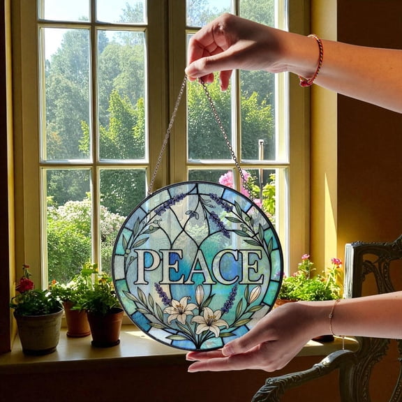 Peace Sign Glass Suncatcher, Inspirational Floral Panel Gift, 6.3 in
