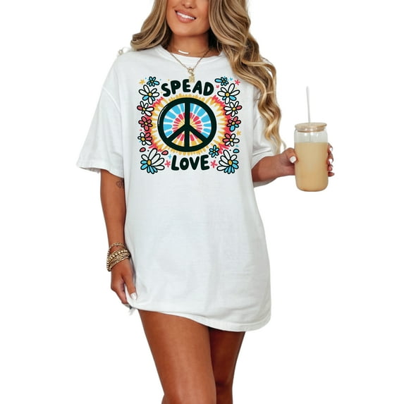 Peace Sign Graphic Tee, Spread Love T-Shirt, Flower Power Shirt, Retro Hippie Tee, Groovy Peace Symbol Top, Colorful Floral Shirt, White Comfort Colors T-Shirt, 3XL