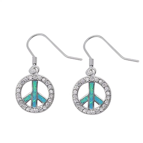 Peace Sign Halo Earrings Blue Simulated Opal Clear CZ .925 Sterling Silver Jewelry Female